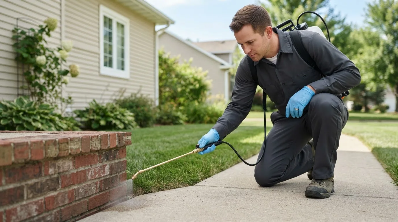 Pest control technician treating a home near Garrison, MO